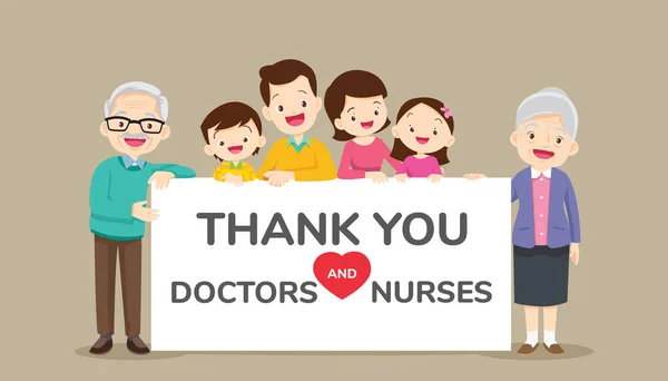 Big Family Holding Empty Banners Thank You Doctors Nurses Working — Stock Vector