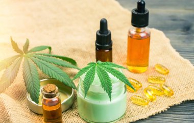 Cannabidiol Full spectrum CBD and THC cannabis oils, hemp balm and cbd capsules clipart