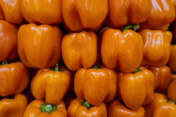 Orange bell peppers in a pile ready for sale — Stock Photo, Image