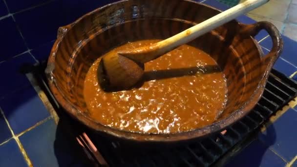 Oaxaca, Mexico - 2019-11-20 - Chef Students his mole sauce — стокове відео