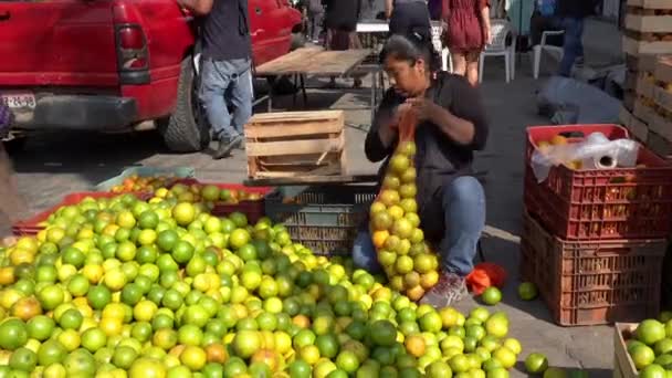 Оахака, Мексика - 2019-11-20 - Женщина на рынке сумки сок апельсины на продажу — стоковое видео