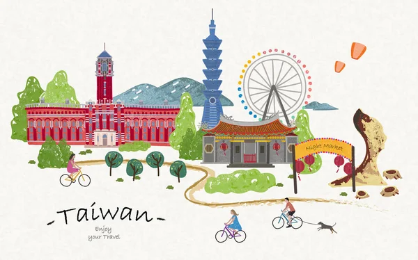 Cartel de viaje taiwan dibujado a mano — Archivo Imágenes Vectoriales