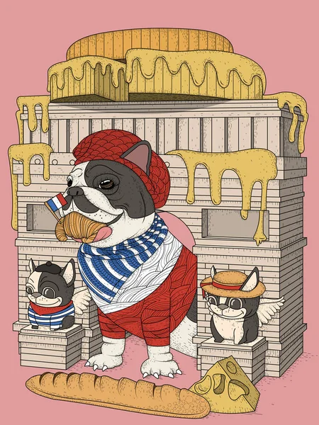 Bulldog francés y elementos franceses — Vector de stock