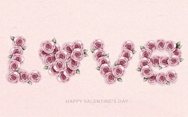 Words Love Made Rose Flowers Valentine Day Special Pink Background — стоковый вектор