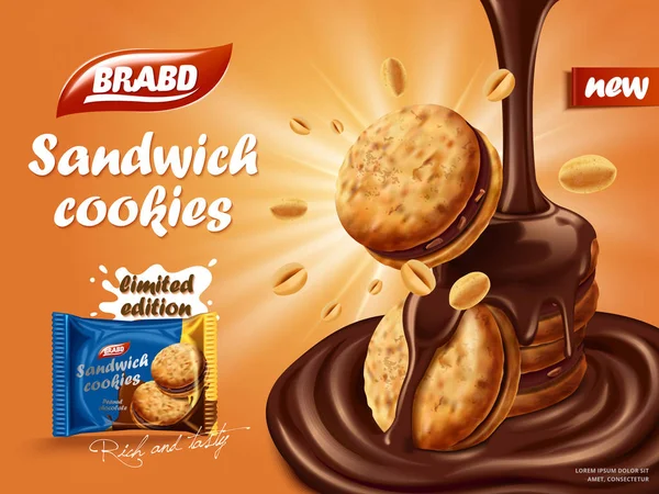 Sandwich chocolade koekjes advertentie — Stockvector