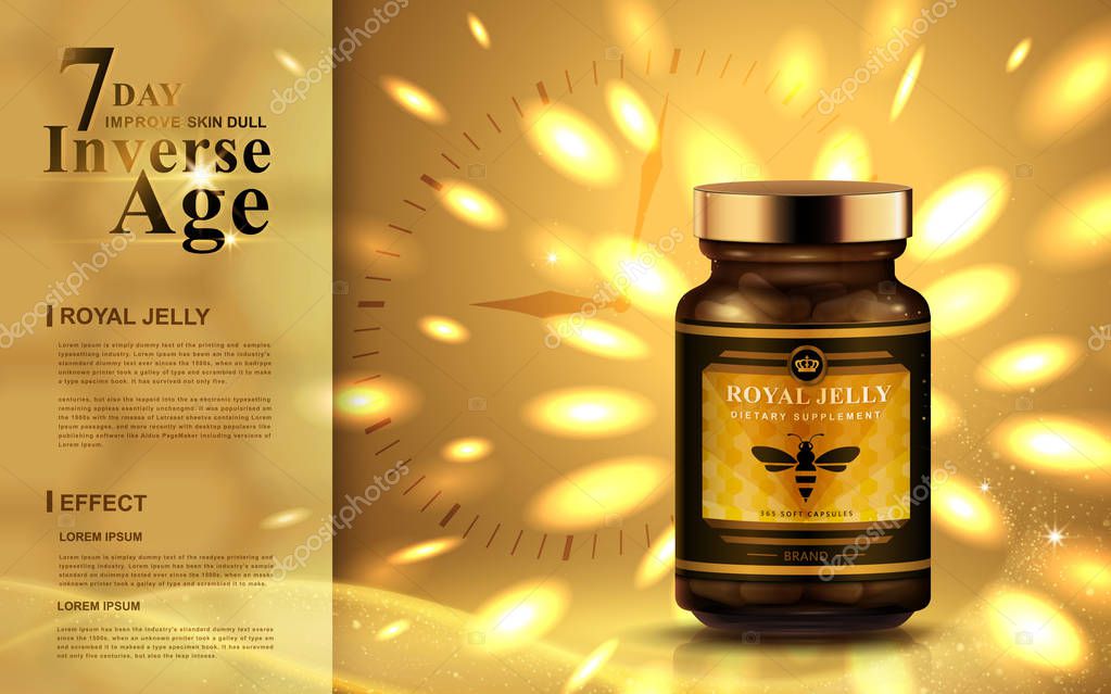 Royal jelly ad with bright golden lights, clock background  3d illustration