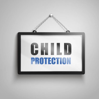 Çocuk koruma metin işareti, 3d illüstrasyon izole gri arka plan asılı üzerinde