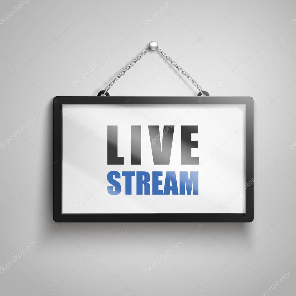 live stream text on hanging sign, isolated gray background 3d illustration