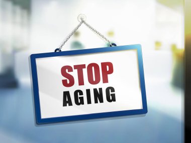 Dur yaşlanma metin parlak izole işareti, asılı üzerinde bulanıklık arka plan, 3d çizim