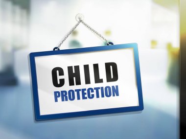 Çocuk koruma metin parlak izole işareti, asılı üzerinde bulanıklık arka plan, 3d çizim