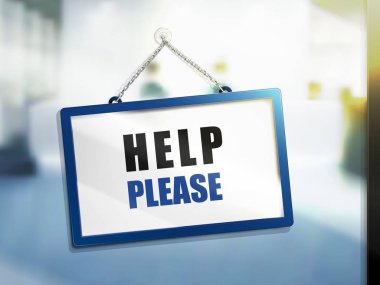 Lütfen yardım metni parlak izole işareti, asılı üzerinde arka plan, 3d şekil bulanıklık