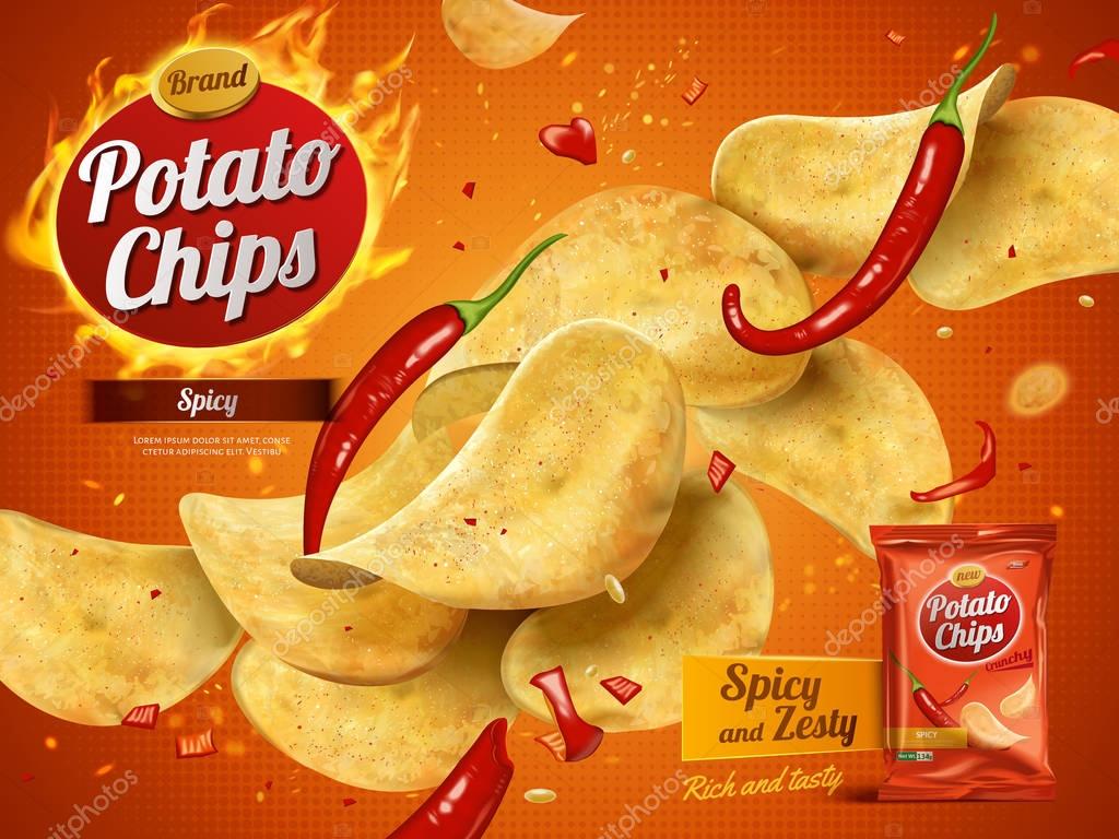 Potato chips advertisement, spicy flavor 3d illustration