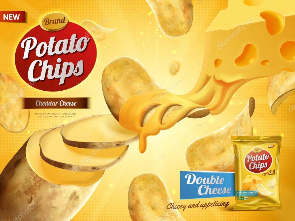 Potato chips advertisement, double cheese flavor 3d illustration