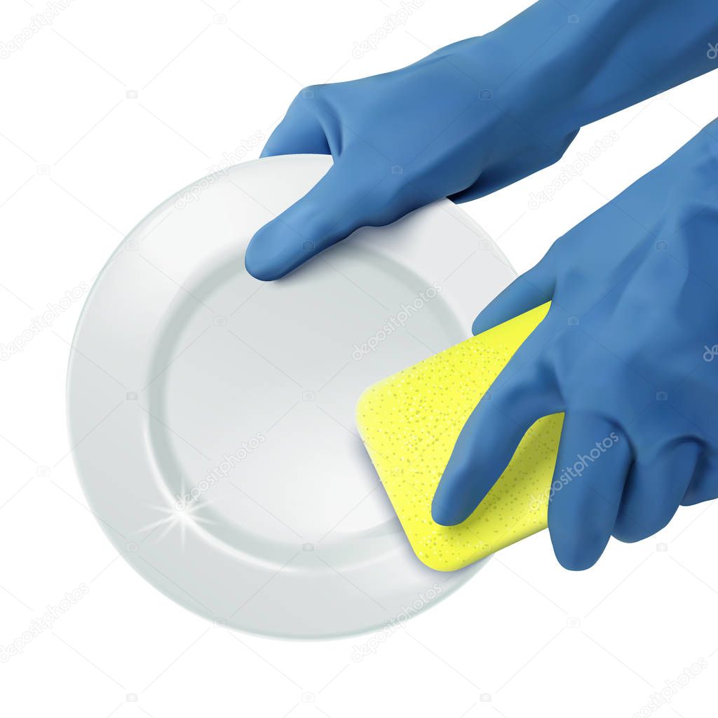 Dishwashing hands in rubber gloves