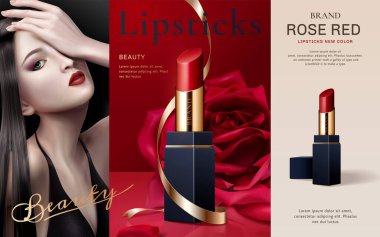 Seksi model ve güllerle çekici ruj reklamları, 3 boyutlu illüstrasyon.