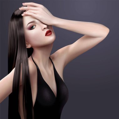 Seksi esmer, uzun saçlı, siyah gece elbisesi ve kırmızı dudağı olan bir kadın.