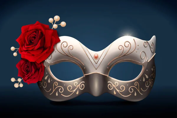 Mascarade Isolée Argent Avec Des Roses Des Perles Illustration Sur — Image vectorielle
