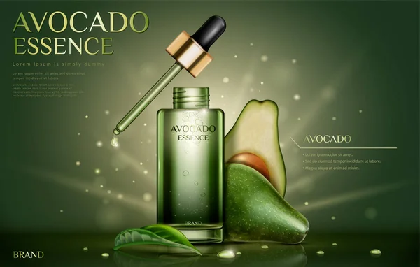 Avocado Essence Oil Ads Fresh Ingredients Glitter Background Illustration — Διανυσματικό Αρχείο