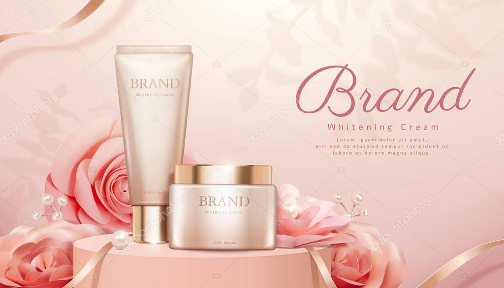 Romantic cosmetic products ads with pink paper roses and pearl decorations