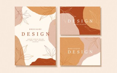 Broşür ve kartvizit şablonu tasarımı dünya tonu pembe ve turuncu arkaplan üzerinde çizgi tarzı yaprak dekorasyonları ile