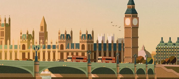 Büyük Ben Westminster Köprüsü Sahnesi Düz Stil — Stok Vektör