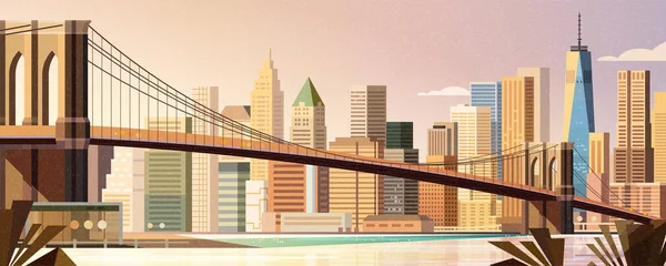 Brooklyn Bridge Manhattan Skyline Estilo Plano Cena Cidade Nova York —  Vetores de Stock