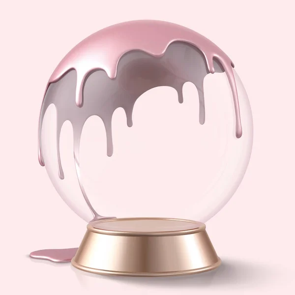 Empty Snow Globe Golden Color Base Dripping Pink Liquid Sphere — Stock Vector