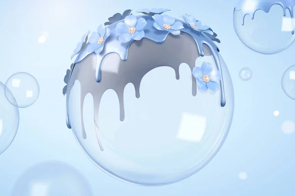 Schwimmende Blasen Mit Hellvioletten Blüten Und Flüssigkeit Darauf Illustration — Stockvektor