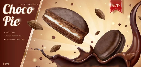 Choco Pie Ads Splashing Chocolate Sauce Illustration — Stock Vector