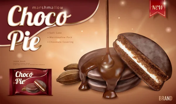 Choco Taart Advertenties Met Druppelende Chocolade Siroop Folie Pakket Template — Stockvector