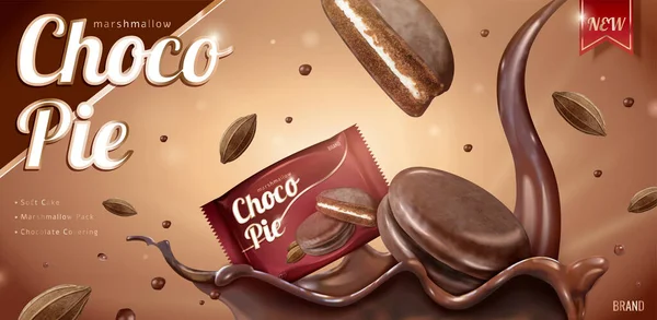 在闪闪发亮的棕色背景上的3D插图中 带有溅射巧克力糖浆和铝箔包装模板的巧克力派广告 — 图库矢量图片