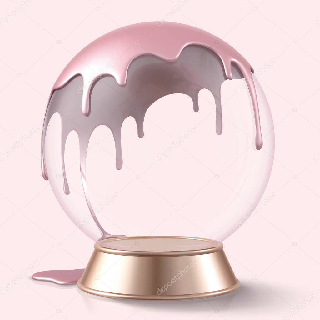 Empty snow globe with golden color base, dripping pink liquid on the sphere in 3d illustration