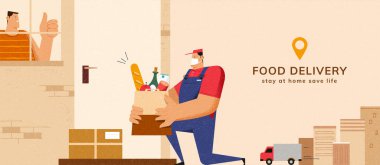 Courier with face mask dropping groceries and package at door without physical touching anyone, concept of safe food delivery during COVID-19 outbreaks clipart