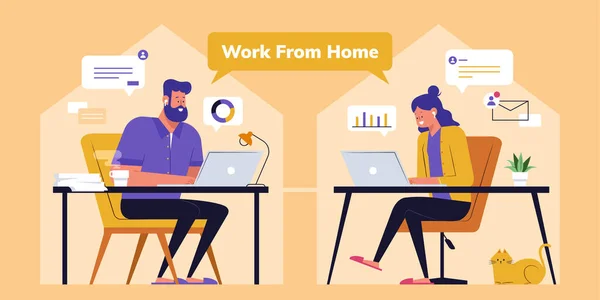 Work Home Concept Flat Design Man Woman Staying Home Using — Stock Vector