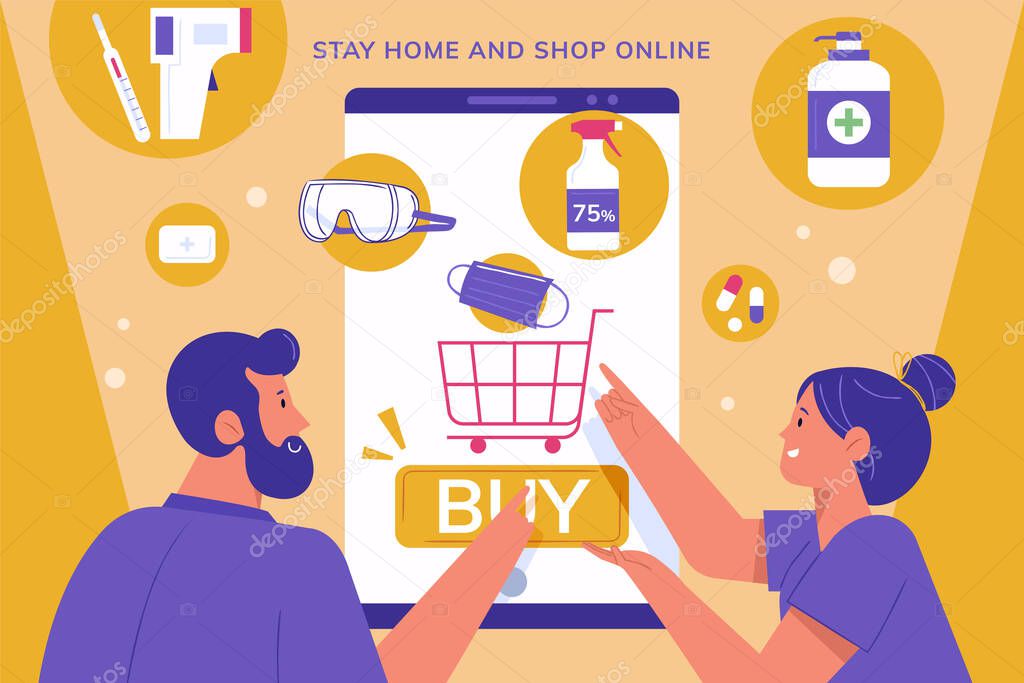 Online shopping for COVID-19 prevention concept, with two people adding personal care items into cart, in flat design