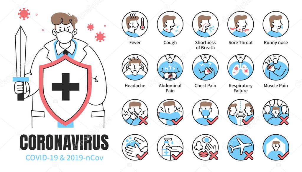 Infographic elements about COVID-19 symptoms and protective measures, with a doctor holding shield and sword on the right side, for health education use