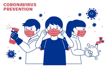 COVID-19 precaution promo in flat style, with protective measures of wearing a face mask, using alcohol-based disinfectants, and washing your hands clipart