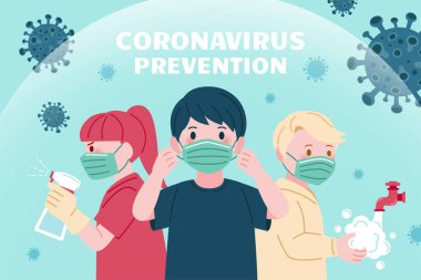 COVID-19 önleme promosyon tasarımı, koruyucu yüz maskeleri takmak, ellerini yıkamak ve dezenfektan kullanmak gibi önlemlerle