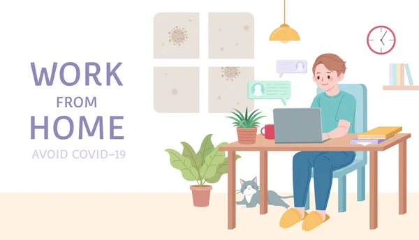 Νεαρός Που Εργάζεται Στο Γραφείο Έννοια Της Εργασίας Από Σπίτι — Διανυσματικό Αρχείο