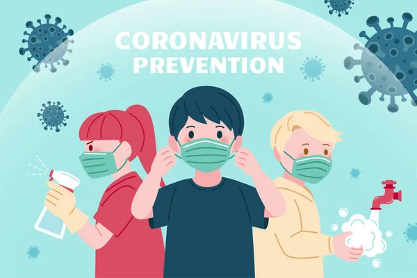 Covid Prevenzione Promo Design Con Precauzioni Indossare Maschere Protettive Viso — Vettoriale Stock