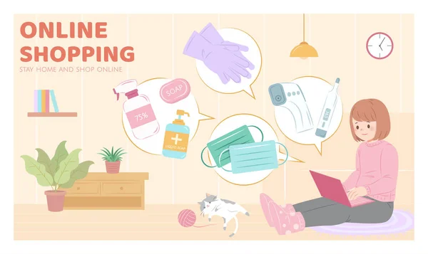 Online Shopping Helping People Buy Personal Care Products While Staying — Stock Vector