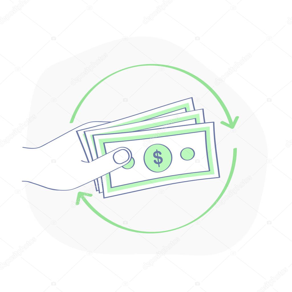Cash back, chargeback, cashing, money turnover, currency exchange concept. Money pile in hand with round arrow icon. Flat outline vector illustration, premium quality symbol design for website or app.