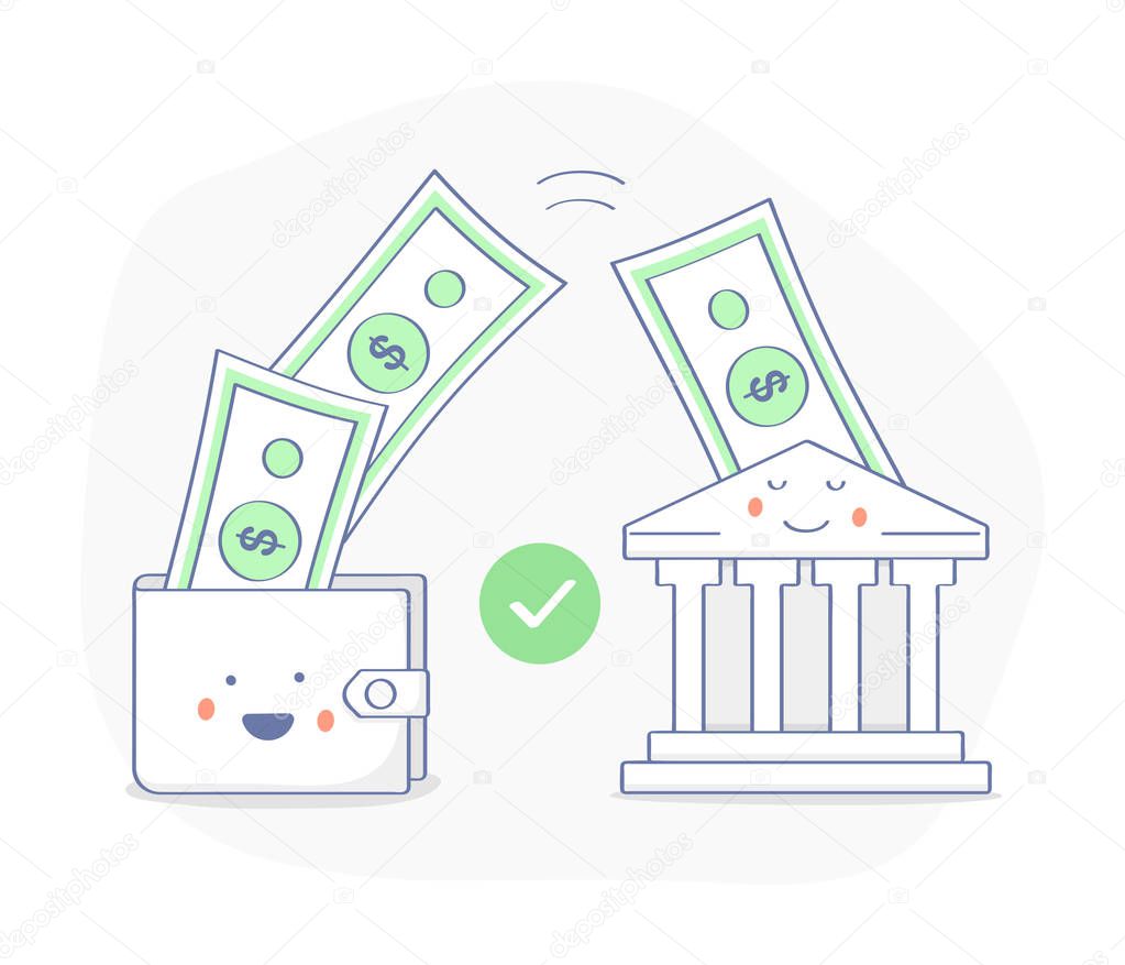 Sending and Receiving money, Payments, Transfer, Deposit, Banking. Money bills fly from a happy purse (wallet) to the bank building. Successful transaction. Premium quality flat outline icon.