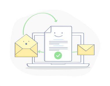 E-posta pazarlama, mesaj gönder kavramı. Laptop, belge formu, zarf ve mektup. Anahat vektör çizim hafif renklerde düz. Premium Kalite Tasarım simgesi Web sitesi, uygulama veya afiş için.