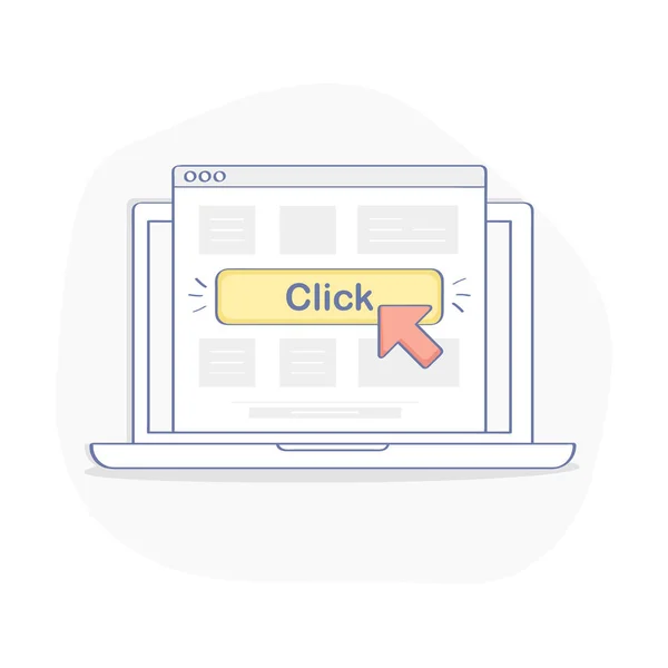 ペイパー クリックして クリック単価や公認会計士インターネット広告 マーケティング モデル広告やバナーがクリックされたとき ノート パソコン ディスプレイとバナーにカーソルとベクトル図を分離しました フラットの概要アイコン デザイン — ストックベクタ