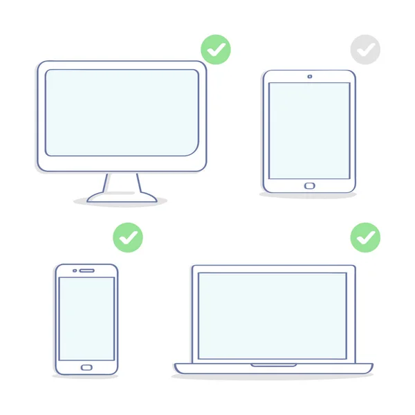 Conjunto Ícones Dispositivos Eletrônicos Display Computador Laptop Tablet Smartphone Diferentes —  Vetores de Stock