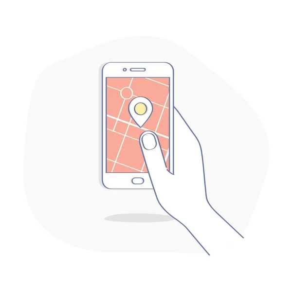人間の手で携帯電話の Gps ナビゲーション システムのアプリ マップは スマート フォンのディスプレイ上のピン 白い背景の追跡 地理的位置のベクトル図コンセプト — ストックベクタ