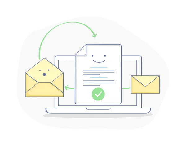 Email Marketing Send Message Concept Laptop Document Form Envelope Mail — Stock Vector