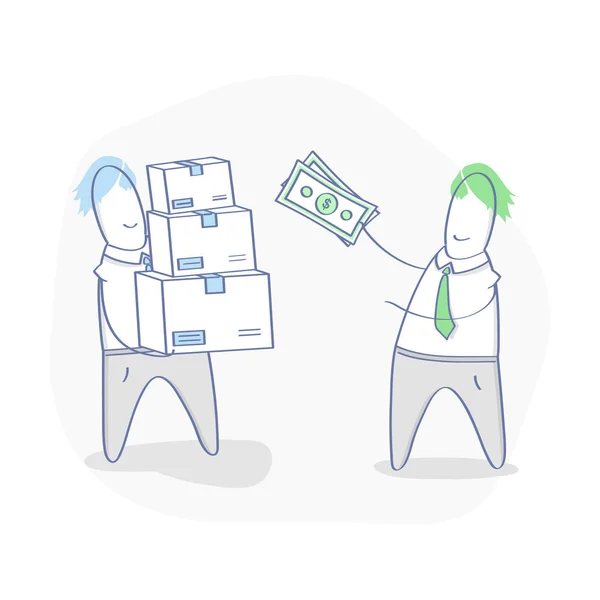 Two Cute Cartoon Men Hold Hands Money Cash Boxes Deal — Stock Vector