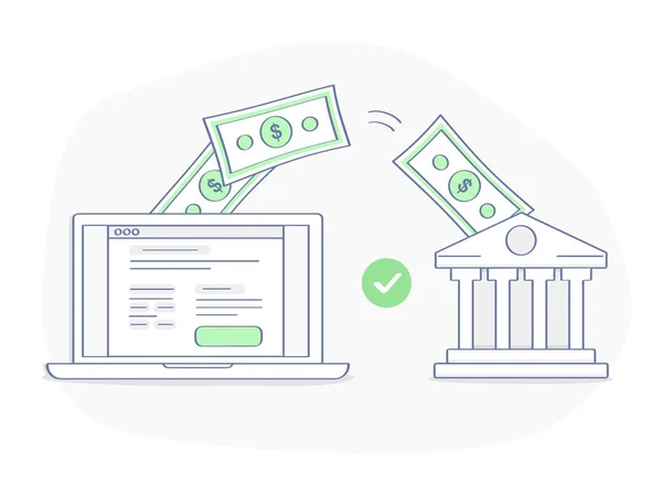 オンラインの支払い 銀行またはお金転送概念 サイト上のボタンをクリックすると お金は銀行に直接ラップトップから飛ぶ フラット アウトライン ベクトル要素 プレミアム品質の図 — ストックベクタ